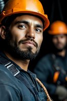 Confident Hispanic construction worker with orange hard hat and safety gear on industrial job site with team members in background.