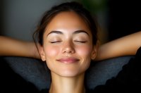 Young Asian woman with closed eyes and gentle smile expressing serenity and relaxation during wellness treatment or meditation session, dark background creates calm mood.