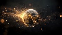Glowing golden planet Earth with network connections and light particles against dark background, symbolizing global digital transformation.