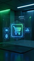Futuristic holographic shopping cart interface with security icons displayed on transparent glass panel in modern tech environment for digital commerce.