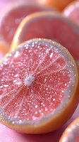 Fresh grapefruit slice with sparkling water droplets and morning dew on pink background, macro photography showing juicy citrus pulp texture.