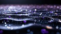 Abstract purple and blue flowing waves with sparkling bokeh lights and glitter particles creating magical digital art background for creative projects.