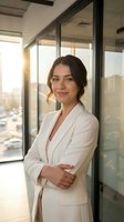 Confident Hispanic businesswoman in white suit standing with crossed arms in modern office with city view during golden hour sunset.