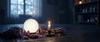 Glowing crystal ball with amethyst crystals, lavender, and a candle on a dark mystical table in a moody occult room setting.