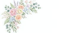 Soft watercolor floral corner arrangement with pastel roses, ranunculus, lavender, and eucalyptus on white background, isolated for wedding design use.