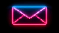 Glowing neon mail envelope icon in pink and blue colors on black background, modern digital communication symbol for apps, websites and user interface design.