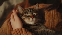 Contented tabby cat enjoying gentle petting while resting on orange knitted blanket in warm, cozy atmosphere. Peaceful domestic pet photography in soft lighting.