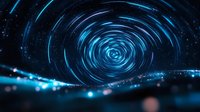 Futuristic blue spiral vortex with glowing light trails and particles creating cosmic tunnel effect for sci-fi technology backgrounds.