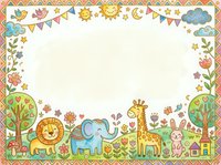 Whimsical safari animals including lion, elephant, and giraffe with decorative floral border, bunting, sun and moon elements on cream background. Isolated design ready for children's invitations, nursery decor, and greeting cards.