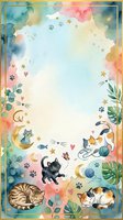 Watercolor frame with cute cats, paw prints, hearts and botanical elements on pastel background for pet-themed designs and greeting cards.