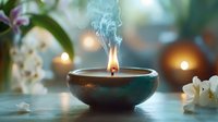 Burning aromatic candle in ceramic bowl with rising smoke stream, white orchid flowers and soft bokeh lights creating zen atmosphere for spa wellness.