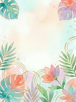 Watercolor tropical frame with pastel monstera leaves, palm fronds, and flowers accented with gold lines on a soft mint background.