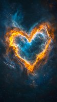Heart-shaped cosmic nebula with glowing orange and blue gases against deep space background, creating a romantic celestial formation.