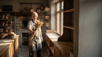 Middle-aged Caucasian male baker in apron holding fresh bread loaves in rustic traditional bakery with wooden shelves and warm natural lighting.