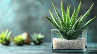 Succulent aloe vera plant in modern glass container with white pebbles on turquoise background. Natural home decor and indoor gardening concept.
