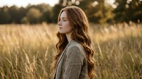Young Caucasian woman with long wavy hair in beige coat standing peacefully in golden wheat field during sunset, eyes closed in serene meditation moment.
