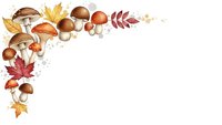 Autumn corner border with mushrooms and colorful fall leaves on white background for seasonal design projects and harvest themed decorations.