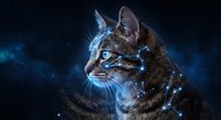 Mystical tabby cat with glowing blue eyes surrounded by sparkling stars and cosmic nebula effects against dark space background for fantasy designs.
