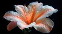 Delicate peach-colored hibiscus flower in full bloom against dark background showcasing detailed petals, stamens and pistils in dramatic lighting for nature photography.