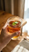 Person with medium skin tone holding a glass of cola with ice and fresh mint leaf garnish, suitable for beverage, refreshment, and lifestyle advertising.