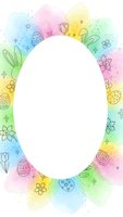Easter watercolor frame with eggs, flowers and crosses on pastel rainbow background. White oval space for text or design elements.