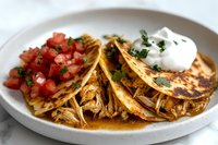 Crispy chicken tacos with shredded meat, fresh diced tomato salsa, sour cream and cilantro garnish served on white ceramic plate in natural lighting.
