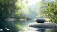 Zen stones balanced on water surface with green bamboo leaves, soft focus reflection creates serene spa atmosphere. Natural wellness background.