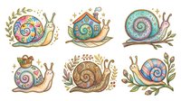 Colorful snails with spiral shells and decorative foliage elements, isolated on white background, suitable for clipart, children's illustrations, textile design, and creative projects.