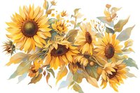 Beautiful watercolor sunflower composition with golden yellow blooms and sage green leaves, perfect for wedding invitations, greeting cards and botanical wall art designs.