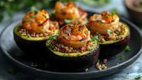 Grilled shrimp served on avocado halves with quinoa and fresh herbs, garnished with chili flakes on dark plate, close up view of gourmet appetizer.