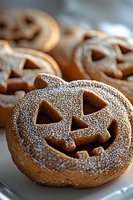 Halloween pumpkin face sugar cookies dusted with powdered sugar on plate. Close-up macro shot shows detailed jack o'lantern design and textured surface.