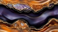 Luxurious purple and gold agate geode pattern with glitter effect, flowing waves of dark amethyst and copper tones create elegant marble texture for luxury design.