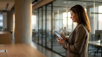 Professional businesswoman using smartphone in modern office environment with glass walls and natural lighting for corporate communication.