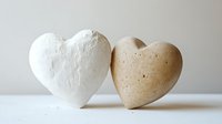 Two handcrafted ceramic hearts in white and natural beige tones with textured surfaces, symbolizing love and romance for home decor and gift concepts.
