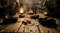 Medieval tavern scene with men gathered around wooden table by candlelight drinking ale from tankards in atmospheric stone interior setting.
