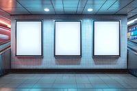 Three blank white advertising billboards mounted on blue tiled wall in underground passage with modern lighting and perspective view, mockup for marketing campaign.