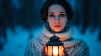 Young woman with glowing face holding lantern in dark winter forest, creating mystical atmosphere with warm light against cold blue background.