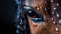 Close-up of brown horse eye with water droplets on face showing detailed eyelashes and reflective pupil for equestrian and animal photography projects.
