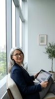 Mature Asian businesswoman with gray hair and glasses using tablet in modern office by window, professional corporate executive working with technology.
