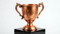 Elegant copper trophy cup with ornate handles and engraved laurel wreath design on black marble base, symbolizing victory and achievement in competitions.