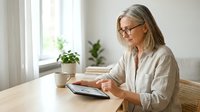 Mature blonde woman with glasses using tablet computer at wooden table in bright modern home office with plants and natural light streaming through window.
