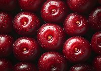 Fresh ripe dark red cherries with water drops close up macro shot, natural organic sweet fruit background pattern for healthy food design.