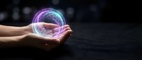 Hands holding glowing holographic brain with purple and blue light effects representing artificial intelligence and neuroscience innovation.