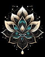 Ornate lotus flower mandala in cream and turquoise tones on black background with delicate line work and dotted accents. Spiritual sacred geometry design for meditation.