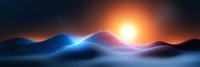 Glowing digital landscape with rolling hills under dramatic sunset, neon blue light effect creates futuristic mountain terrain in foggy atmosphere.