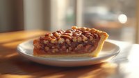 Slice of homemade pecan pie with caramelized nuts and golden crust on white plate, warm sunlight streaming through window creates cozy autumn atmosphere.