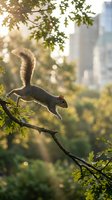 Gray squirrel jumping between tree branches in golden sunlight with urban park background and green foliage for wildlife and nature content.