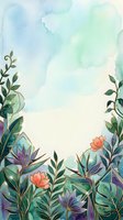 Watercolor botanical frame with gold outline tropical leaves and coral flowers on soft green background, copy space for text.