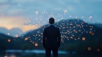 Businessman in suit contemplating future while digital network constellation illuminates twilight sky, representing connectivity and technological innovation.