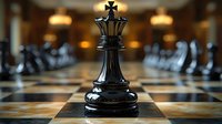 Black king chess piece standing on wooden chessboard with blurred chess pieces in background, dramatic lighting highlighting strategic gameplay.